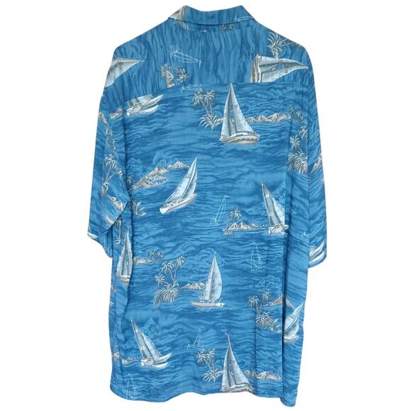 VTG Pierre Cardin Blue Cabana Shirt Mens XL Sailboat Palm Tree Hawaiian Beach - Picture 2 of 5